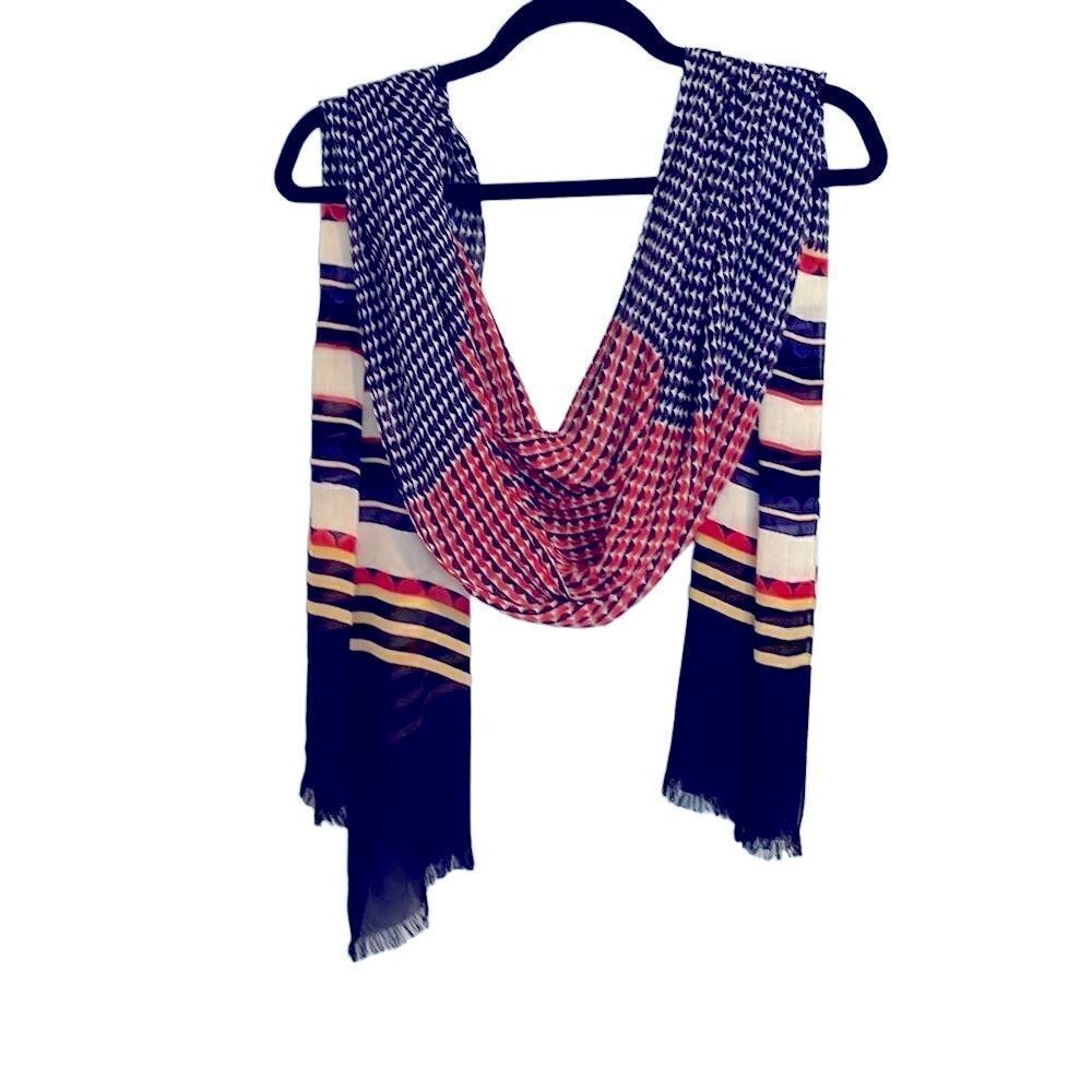 Long, soft, flowy scarf in Red, navy, white, and yellow 76” x 19”